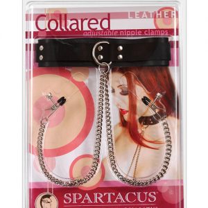 Leather collar w/broad tip nipple clamps